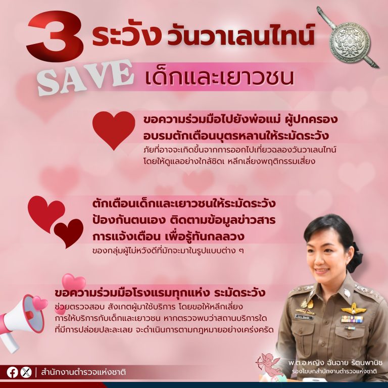 ผบ.ตร.กำชับตำรวจทั่วประเทศวาเลนไทน์นี้ดูแลเด็กเยำวชนป้องกันภัยทางเพศ – ทะเลาะวิวาท สั่งการ 3 เข้มจุดตรวจจุดเสี่ยง คุมสถานบริการ สถานบันเทิง โรงแรม การจำหน่ายสุรา ตร.ขอความร่วมมือผู้ปกครองอบรมดูแลบุตรหลาน