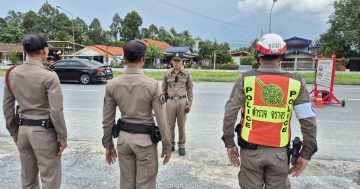 ข่ายงานจราจร ตั้งจุดตรวจป้องกันปราบปราม และกวดขันวินัยจราจร หน้าที่ทำการสถานีตำรวจภูธรชะเมา ต.ท่าเรือ อ.เมือง จ.นครศรีธรรมราช