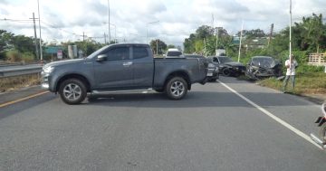 ร้อยเวร ออกตรวจสอบที่เกิดเหตุ รถยนต์ชนกัน จุดเกิดเหตุ บริเวณถนนสายนครศรีธรรมราช-สงขลา (ขาเข้าเมือง) หมู่ที่11 ตำบลท่าเรือ