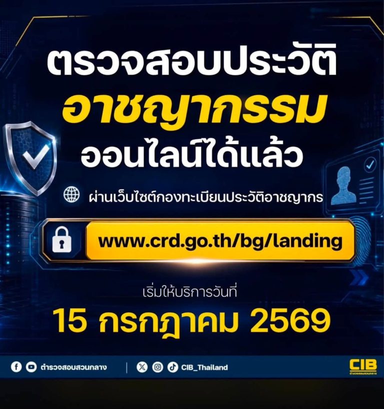 กองทะเบียนประวัติอาชญากร เปิดตัวระบบ “ตรวจประวัติอาชญากรรมออนไลน์” ผ่านเว็บ เริ่ม 15 ก.ค. นี้ สะดวก ง่าย รับผลทางอีเมลได้ทันที